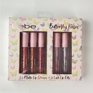 BEBE Butterfly Kisses 5 PCS SET  3 MATE COLORS LIP GLOSSES  2 LUSH LIP OILS